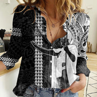 Hawaii Island Women Casual Shirt Hawaiian King and Kakau Symbols Abstract Shoulder Tattoo LT03 Female Black - Polynesian Pride