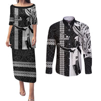 Custom Hawaii Island Couples Matching Puletasi Dress and Long Sleeve Button Shirts Hawaiian King and Kakau Symbols Abstract Shoulder Tattoo LT03 Black - Polynesian Pride