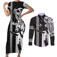 Custom Hawaii Island Couples Matching Short Sleeve Bodycon Dress and Long Sleeve Button Shirts Hawaiian King and Kakau Symbols Abstract Shoulder Tattoo LT03 Black - Polynesian Pride