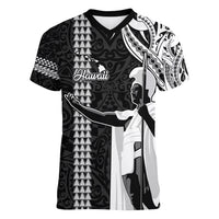 Custom Hawaii Island Women V Neck T Shirt Hawaiian King and Kakau Symbols Abstract Shoulder Tattoo LT03 Female Black - Polynesian Pride