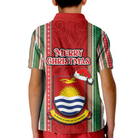 Kiribati Christmas Kid Polo Shirt Santa With Gift Bag Behind Ribbons Seamless Red Maori LT03 - Polynesian Pride
