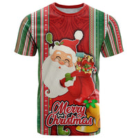 Kiribati Christmas T Shirt Santa With Gift Bag Behind Ribbons Seamless Red Maori LT03 Red - Polynesian Pride