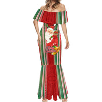 Custom Kiribati Christmas Mermaid Dress Santa With Gift Bag Behind Ribbons Seamless Red Maori LT03 - Polynesian Pride