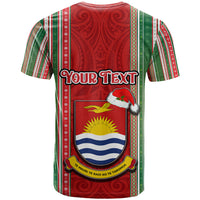 Custom Kiribati Christmas T Shirt Santa With Gift Bag Behind Ribbons Seamless Red Maori LT03 - Polynesian Pride
