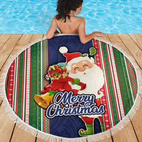 Kiribati Christmas Beach Blanket Santa With Gift Bag Behind Ribbons Seamless Blue Maori LT03 - Wonder Print Shop