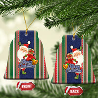 Kiribati Christmas Ceramic Ornament Santa With Gift Bag Behind Ribbons Seamless Blue Maori LT03 - Polynesian Pride