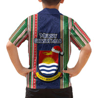 Kiribati Christmas Family Matching Off Shoulder Long Sleeve Dress and Hawaiian Shirt Santa With Gift Bag Behind Ribbons Seamless Blue Maori LT03 - Polynesian Pride