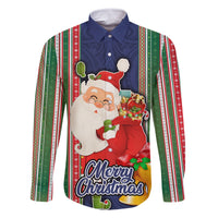 Kiribati Christmas Family Matching Off Shoulder Long Sleeve Dress and Hawaiian Shirt Santa With Gift Bag Behind Ribbons Seamless Blue Maori LT03 Dad's Shirt - Long Sleeve Blue - Polynesian Pride
