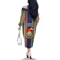 Kiribati Christmas Family Matching Off Shoulder Long Sleeve Dress and Hawaiian Shirt Santa With Gift Bag Behind Ribbons Seamless Blue Maori LT03 - Polynesian Pride