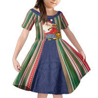 Kiribati Christmas Family Matching Off Shoulder Short Dress and Hawaiian Shirt Santa With Gift Bag Behind Ribbons Seamless Blue Maori LT03 Daughter's Dress Blue - Polynesian Pride