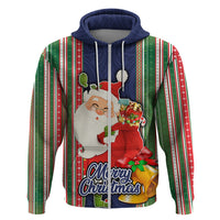 Kiribati Christmas Hoodie Santa With Gift Bag Behind Ribbons Seamless Blue Maori LT03 - Polynesian Pride