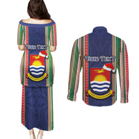 Custom Kiribati Christmas Couples Matching Puletasi Dress and Long Sleeve Button Shirts Santa With Gift Bag Behind Ribbons Seamless Blue Maori LT03 - Polynesian Pride