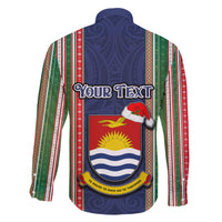 Custom Kiribati Christmas Family Matching Long Sleeve Bodycon Dress and Hawaiian Shirt Santa With Gift Bag Behind Ribbons Seamless Blue Maori LT03 - Polynesian Pride