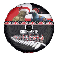 New Zealand Meri Kirihimete Spare Tire Cover Christmas Tui Bird and Kea Bird - Haka Santa with Maori Koru Art Pattern