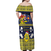 Niue Monuina e Kilisimasi Off Shoulder Maxi Dress Christmas Uga - Niue Map and Emblem with Hiapo Art Pattern