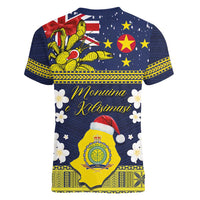 Niue Monuina e Kilisimasi Women V-Neck T-Shirt Christmas Uga - Niue Map and Emblem with Hiapo Art Pattern