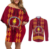 Tonga Beulah College Couples Matching Off Shoulder Short Dress and Long Sleeve Button Shirt Ngatu and Polynesian Pattern LT03 Red - Polynesian Pride