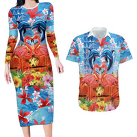 Hawaiian Love-Couple Dolphins and Flamingos Couples Matching Long Sleeve Bodycon Dress and Hawaiian Shirt - Polynesian Pride