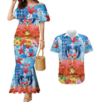 Hawaiian Love-Couple Dolphins and Flamingos Couples Matching Mermaid Dress and Hawaiian Shirt - Polynesian Pride