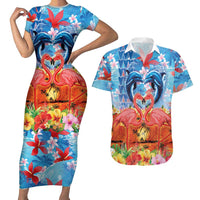 Hawaiian Love-Couple Dolphins and Flamingos Couples Matching Short Sleeve Bodycon Dress and Hawaiian Shirt - Polynesian Pride