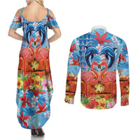 Hawaiian Love-Couple Dolphins and Flamingos Couples Matching Summer Maxi Dress and Long Sleeve Button Shirt - Polynesian Pride