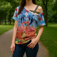 Hawaiian Love-Couple Dolphins and Flamingos Cross Shoulder Shirt - Polynesian Pride