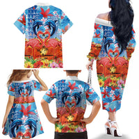Hawaiian Love-Couple Dolphins and Flamingos Family Matching Off The Shoulder Long Sleeve Dress and Hawaiian Shirt - Polynesian Pride