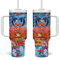 Hawaiian Love-Couple Dolphins and Flamingos Tumbler With Handle LT03 One Size: 40 oz Multicolor - Polynesian Pride