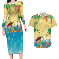 Hawaiian Alohawaii Couples Matching Long Sleeve Bodycon Dress and Hawaiian Shirt Tropical Plants and Animals on The Beach - Polynesian Pride