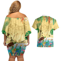 Hawaiian Alohawaii Couples Matching Off Shoulder Short Dress and Hawaiian Shirt Tropical Plants and Animals on The Beach - Polynesian Pride