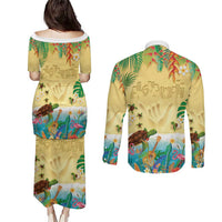 Hawaiian Alohawaii Couples Matching Puletasi and Long Sleeve Button Shirt Tropical Plants and Animals on The Beach - Polynesian Pride