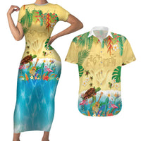 Hawaiian Alohawaii Couples Matching Short Sleeve Bodycon Dress and Hawaiian Shirt Tropical Plants and Animals on The Beach - Polynesian Pride