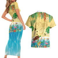 Hawaiian Alohawaii Couples Matching Short Sleeve Bodycon Dress and Hawaiian Shirt Tropical Plants and Animals on The Beach - Polynesian Pride
