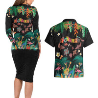 Hawaiian Alohawaii Couples Matching Long Sleeve Bodycon Dress and Hawaiian Shirt Tribal Sea Animals Tattoo and Tropical Plants - Polynesian Pride