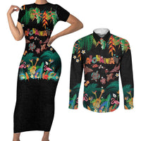 Hawaiian Alohawaii Couples Matching Short Sleeve Bodycon Dress and Long Sleeve Button Shirt Tribal Sea Animals Tattoo and Tropical Plants - Polynesian Pride