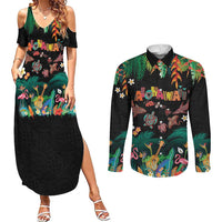 Hawaiian Alohawaii Couples Matching Summer Maxi Dress and Long Sleeve Button Shirt Tribal Sea Animals Tattoo and Tropical Plants - Polynesian Pride