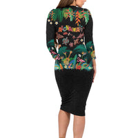 Hawaiian Alohawaii Family Matching Long Sleeve Bodycon Dress and Hawaiian Shirt Tribal Sea Animals Tattoo and Tropical Plants - Polynesian Pride