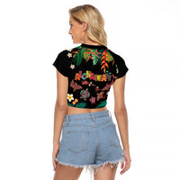 Hawaiian Alohawaii Raglan Cropped T Shirt Tribal Sea Animals Tattoo and Tropical Plants - Polynesian Pride