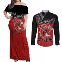 Personalised Aotearoa Toitu Te Tiriti Couples Matching Off Shoulder Maxi Dress and Long Sleeve Button Shirt Taniwha Tribal Motifs