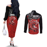 Personalised Aotearoa Toitu Te Tiriti Couples Matching Off The Shoulder Long Sleeve Dress and Long Sleeve Button Shirt Taniwha Tribal Motifs