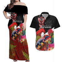 Aotearoa Toitu Te Tiriti Couples Matching Off Shoulder Maxi Dress and Hawaiian Shirt Waitangi-Honour The Treaty NZ Tuatara and Plants