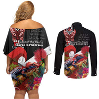 Aotearoa Toitu Te Tiriti Couples Matching Off Shoulder Short Dress and Long Sleeve Button Shirt Waitangi-Honour The Treaty NZ Tuatara and Plants