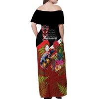 Aotearoa Toitu Te Tiriti Off Shoulder Maxi Dress Waitangi-Honour The Treaty NZ Tuatara and Plants