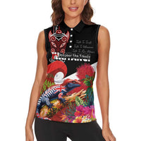 Aotearoa Toitu Te Tiriti Women Sleeveless Polo Shirt Waitangi-Honour The Treaty NZ Tuatara and Plants