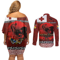 Tonga ANZAC Day Couples Matching Off Shoulder Short Dress and Long Sleeve Button Shirt Gallipoli Lest We Forget Ngatu Art Tribal