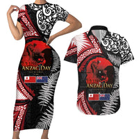 Tonga and New Zealand ANZAC Day Couples Matching Short Sleeve Bodycon Dress and Hawaiian Shirt Gallipoli Lest We Forget Ngatu Art Tribal and Maori Tattoo with Fern LT03 Black - Polynesian Pride