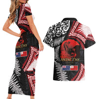 Tonga and New Zealand ANZAC Day Couples Matching Short Sleeve Bodycon Dress and Hawaiian Shirt Gallipoli Lest We Forget Ngatu Art Tribal and Maori Tattoo with Fern LT03 - Polynesian Pride