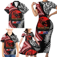Tonga and New Zealand ANZAC Day Family Matching Short Sleeve Bodycon Dress and Hawaiian Shirt Gallipoli Lest We Forget Ngatu Art Tribal and Maori Tattoo with Fern LT03
