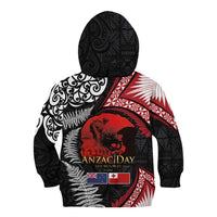 Tonga and New Zealand ANZAC Day Kid Hoodie Gallipoli Lest We Forget Ngatu Art Tribal and Maori Tattoo with Fern LT03