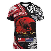 Tonga and New Zealand ANZAC Day Women V-Neck T-Shirt Gallipoli Lest We Forget Ngatu Art Tribal and Maori Tattoo with Fern LT03 Female Black - Polynesian Pride